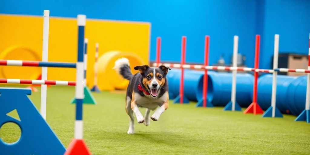 Dog jumping over an agility obstacle in a course.