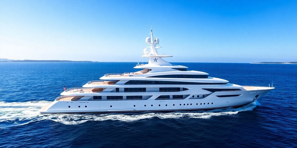 Massive superyacht cruising open ocean, distant coastline.