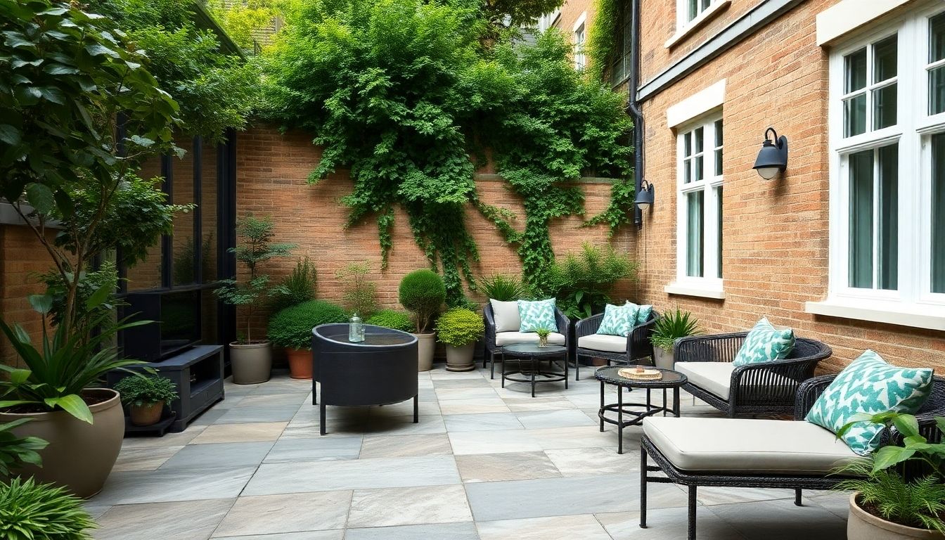 Natural stone patio in a London garden.
