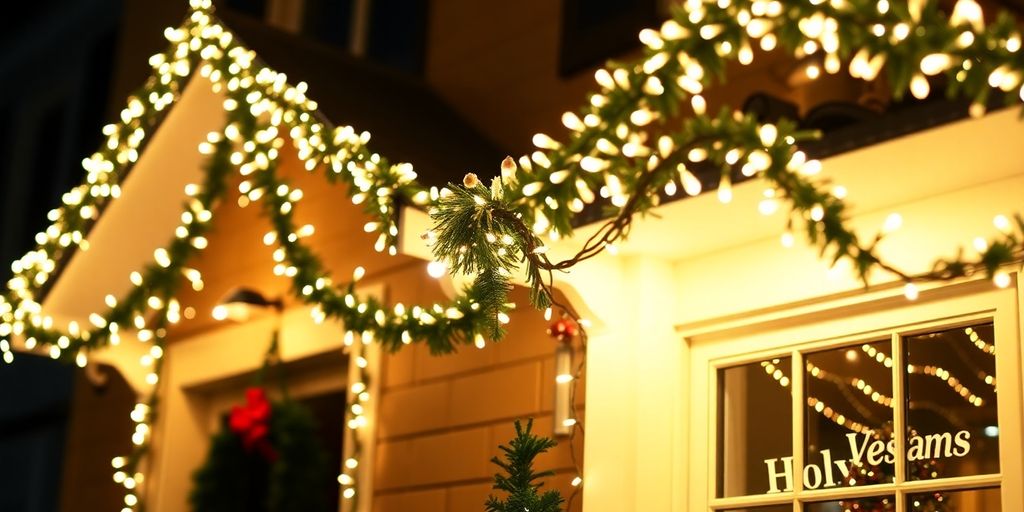 Warm glow of outdoor Christmas lights on a building.