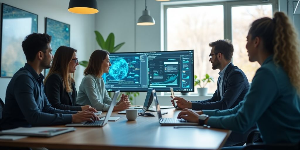 Profissionais de negócios colaborando em escritório moderno.