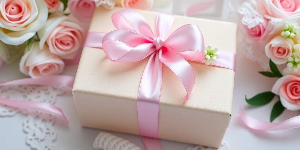 Elegant gift box for bridal shower surrounded by flowers.