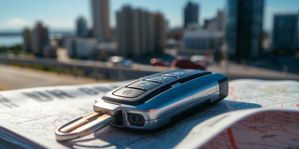 Car key on map, Bay City cityscape.