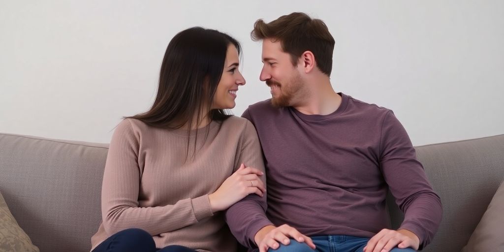 Couple talking intimately on a couch.