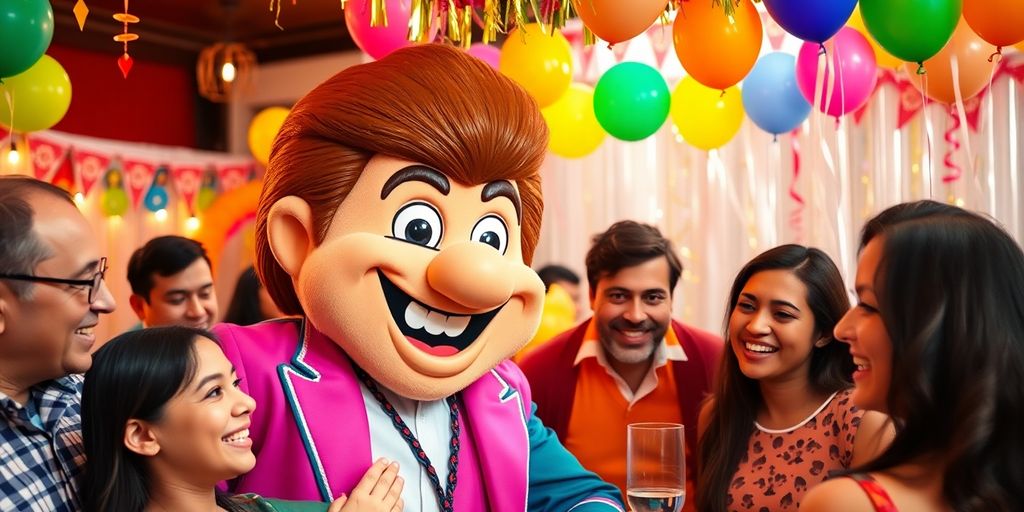 Celebrity lookalike mascot entertaining at a lively party.
