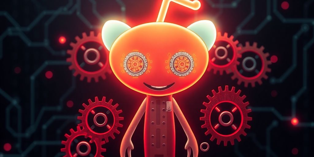 AI glowing Reddit logo, gears turning.