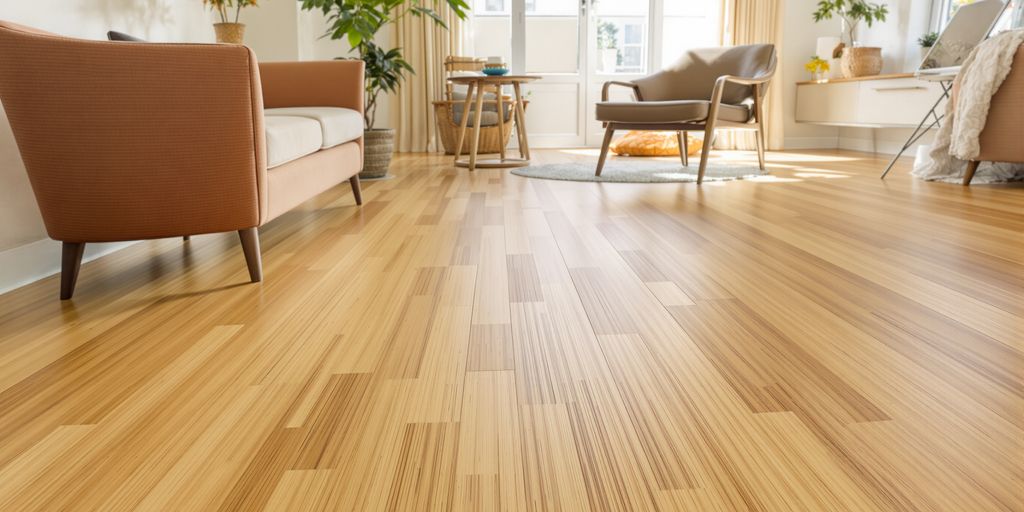 A sunlit living room features sustainable bamboo flooring.