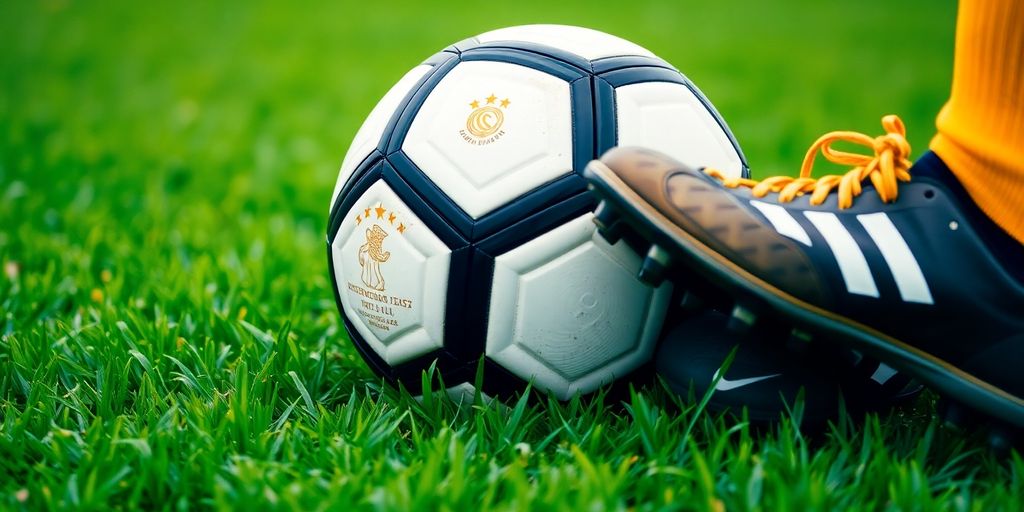 Soccer ball on green field with cleats nearby.