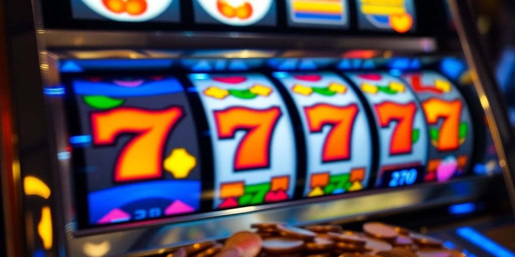 Spinning casino reels, bright lights, falling coins.