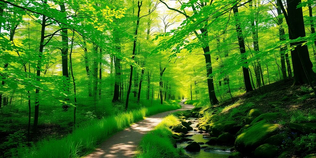 Peaceful forest path with sunlight and a flowing stream.