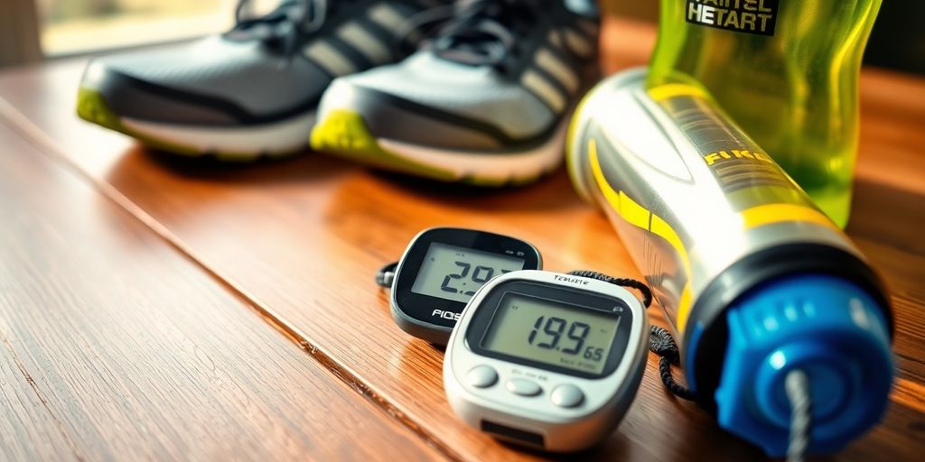 Pedometer on a table with running shoes and water bottle.