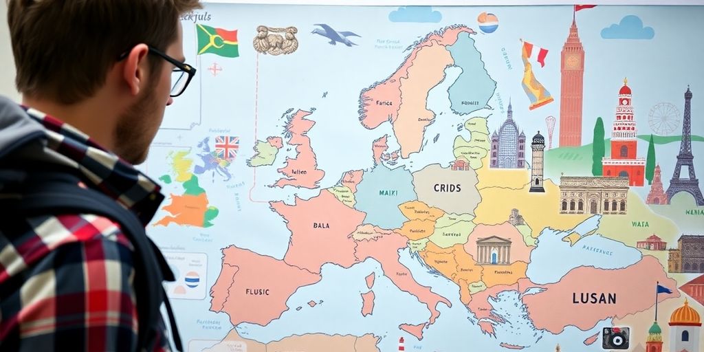 Backpacker examining a vibrant European city map.