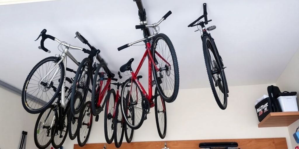 Garage with bikes stored on roof hooks.