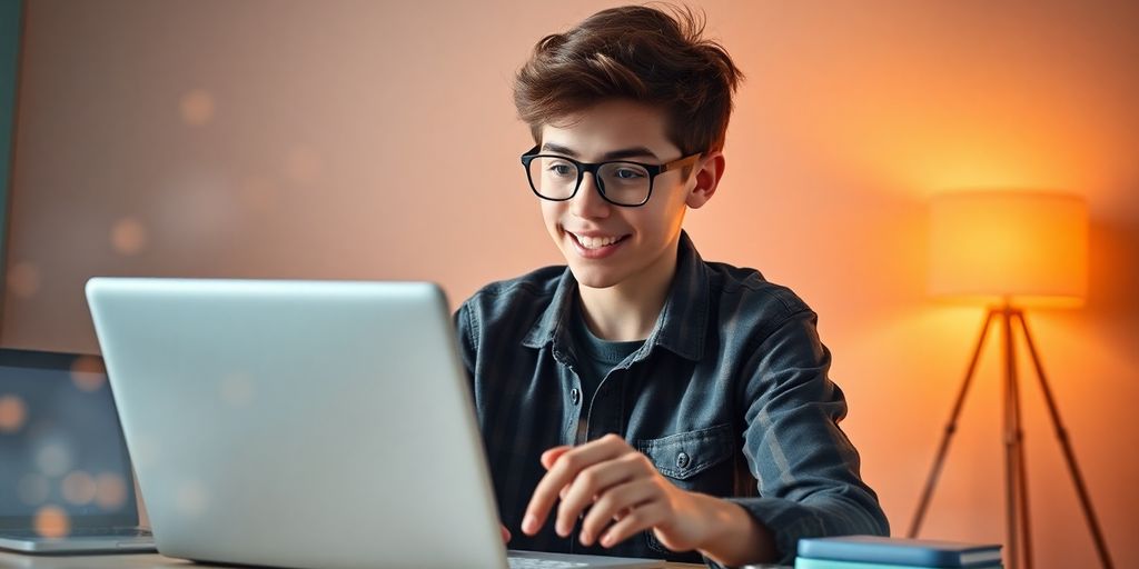 Teenager working on a laptop, glowing with success.