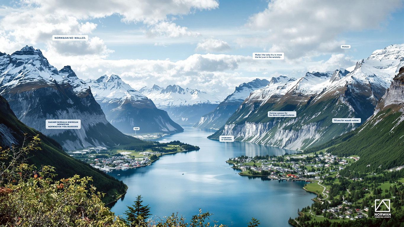 Norsk landskap med fjorder og moderne næringsliv.