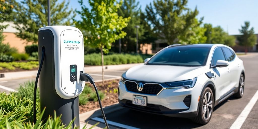 Clipper Creek EV charging station with electric vehicle plugged in.