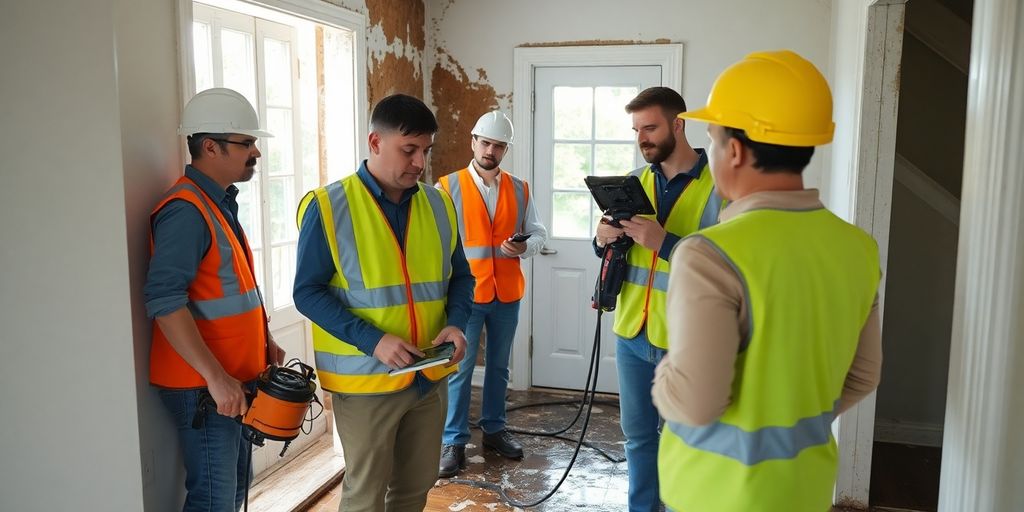Restoration team inspecting water damage in a home.