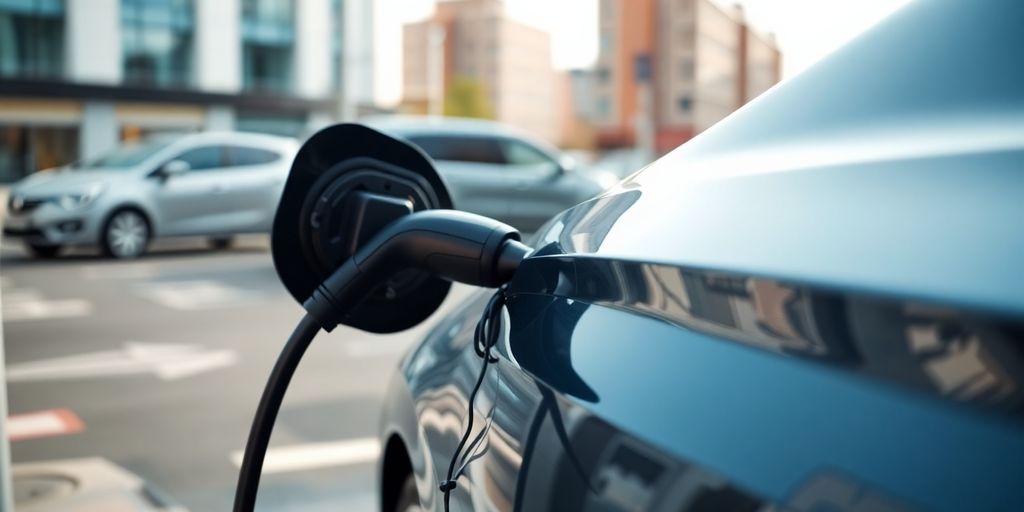 Electric car charging at public station.