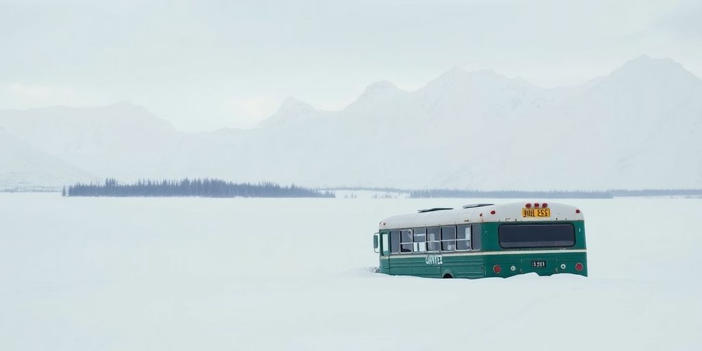 A rustic abandoned bus in a snowy Alaskan landscape.