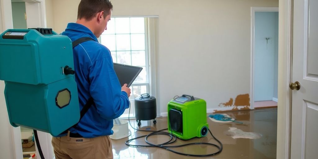 Technician assessing water damage in a residential setting.