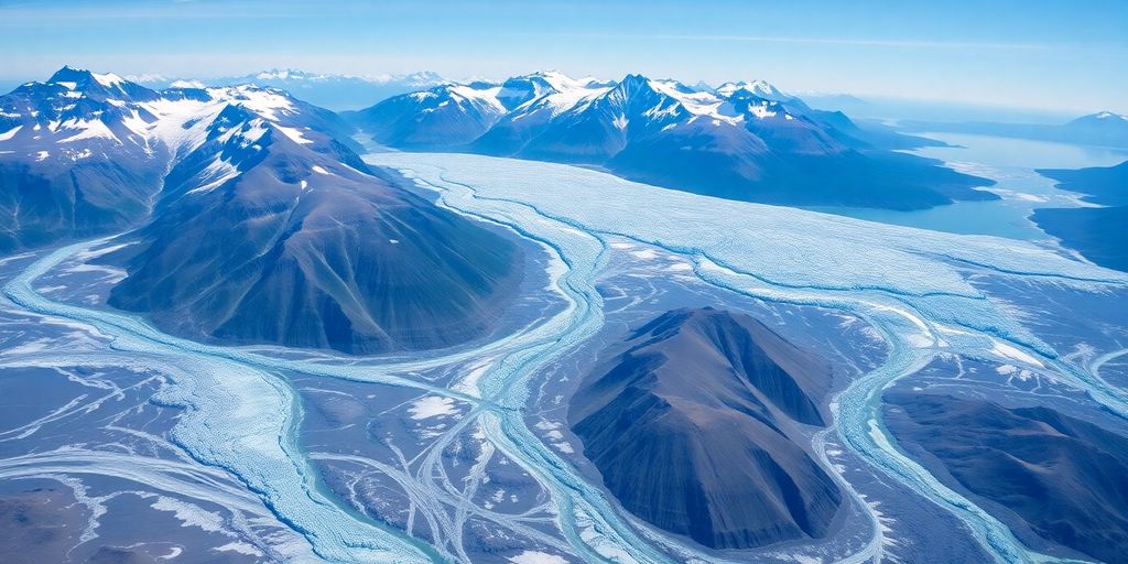 Aerial view of glaciers in Alaska's stunning landscape.