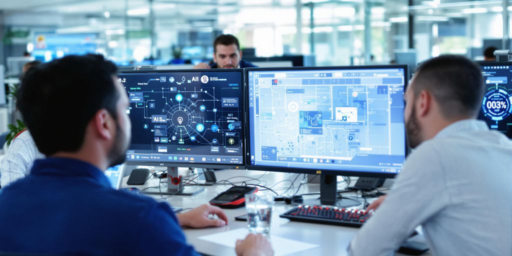 Moderne kontor med folk som diskuterer kunstig intelligens.