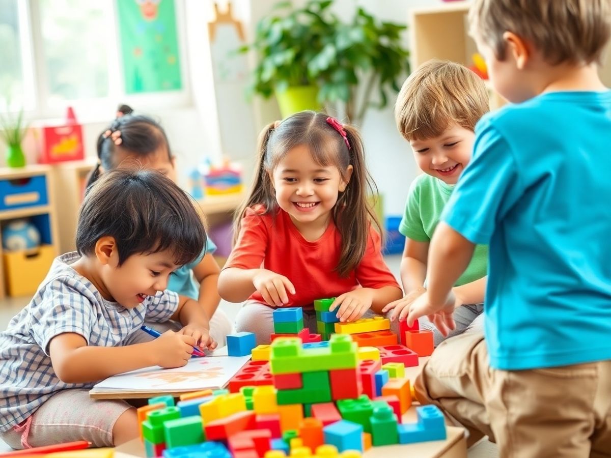 Preșcolari jucându-se și învățând împreună.