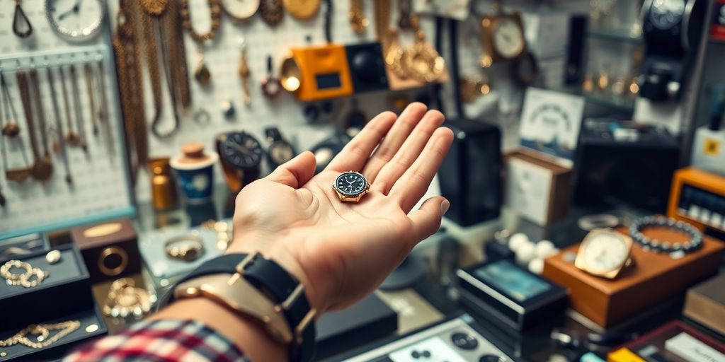 Un comptoir de prêt sur gage avec des objets précieux.