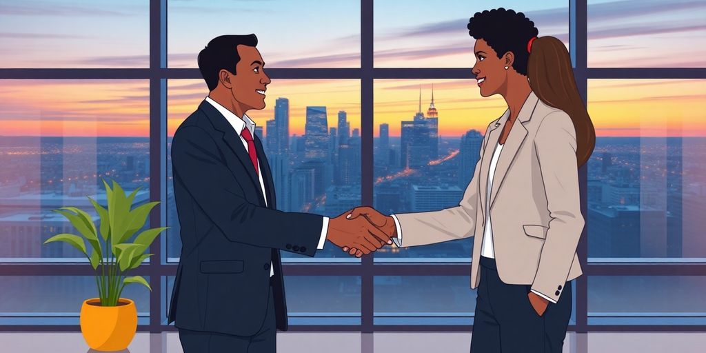 Executive handshake, city skyline background.