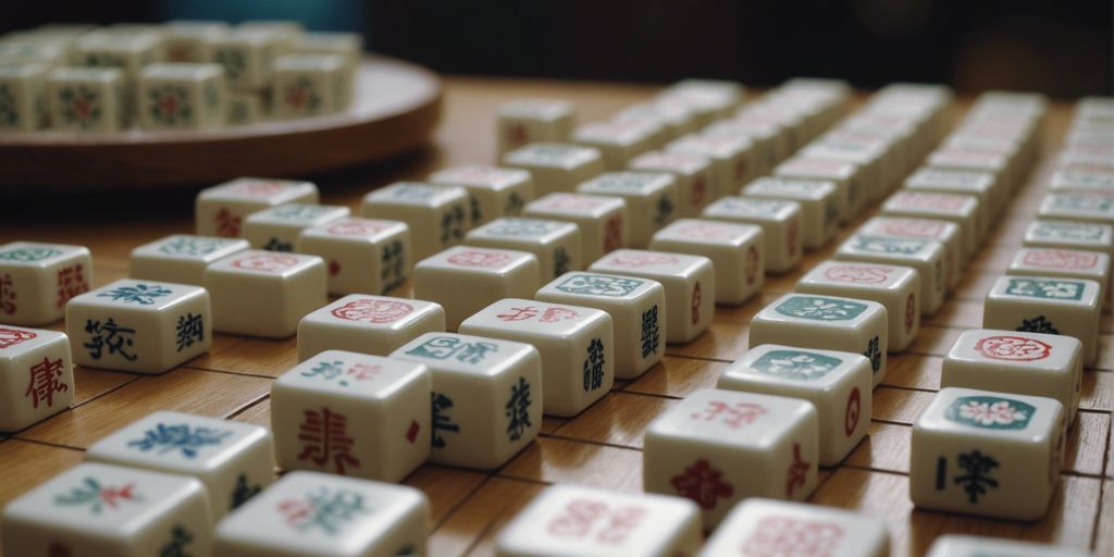 Close-up of Mahjong wind tiles on a table, highlighting their intricate designs and importance in the game.