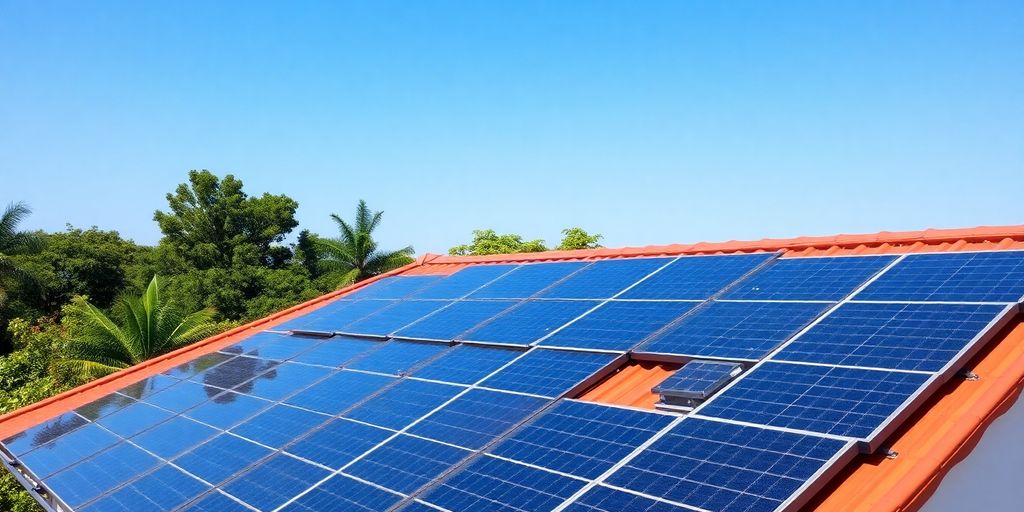 Rooftop solar panels against a blue sky and greenery.
