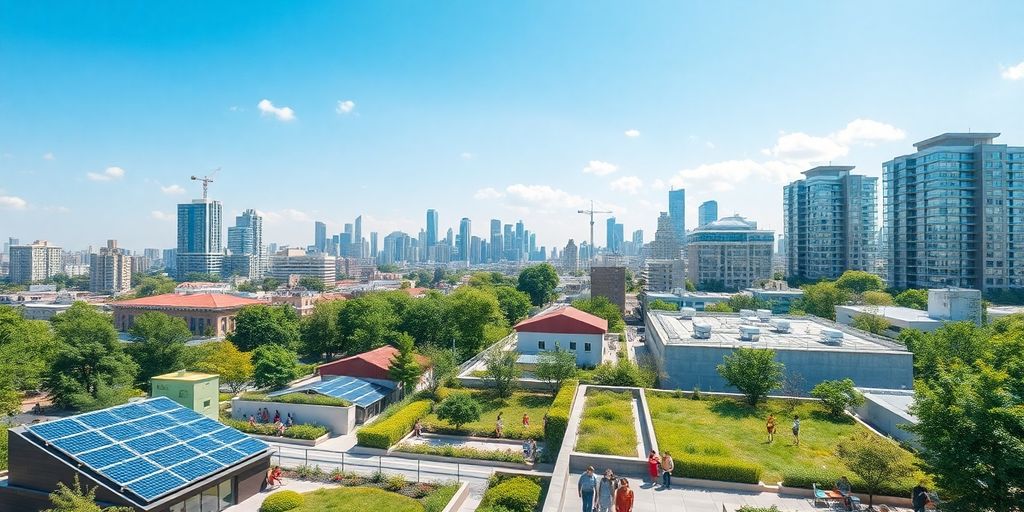 Vibrant cityscape with green spaces and modern architecture.