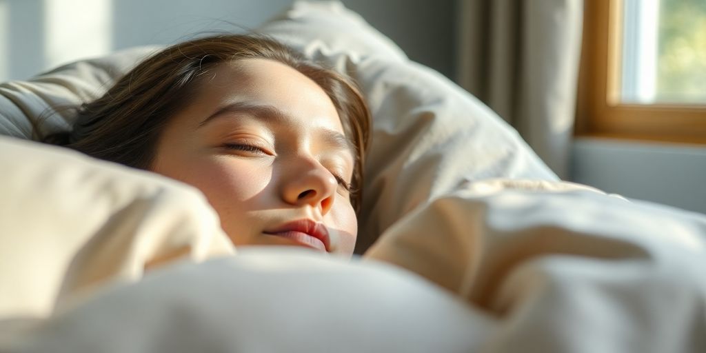 Person sleeping peacefully in bed.
