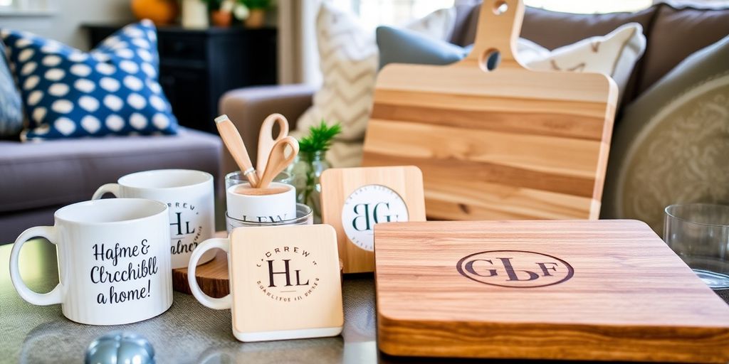 Personalized housewarming gifts in a cozy living room.