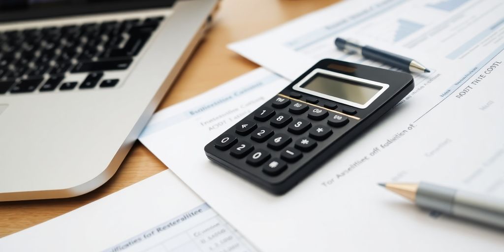 Calculator and documents for business financial planning.