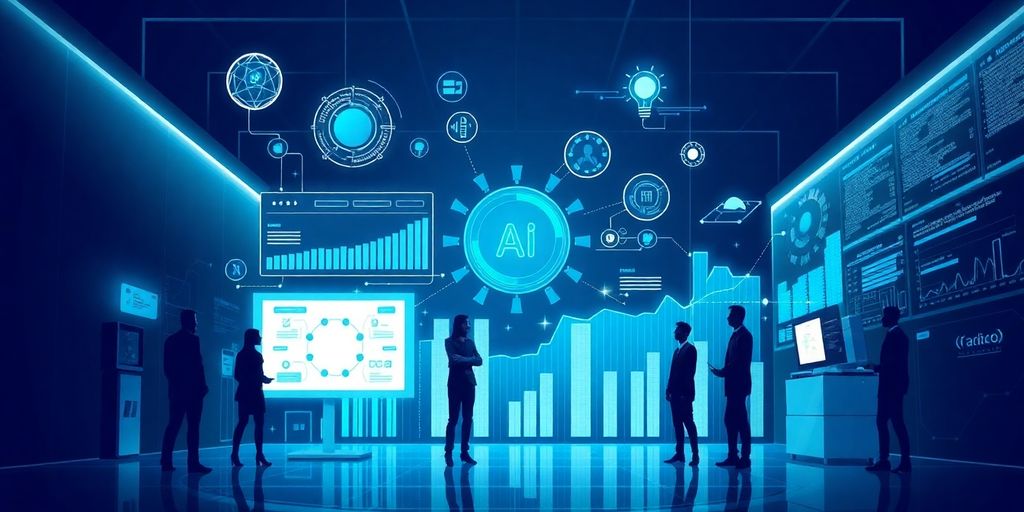 Ambiente de negócios moderno com inteligência artificial e tecnologia.