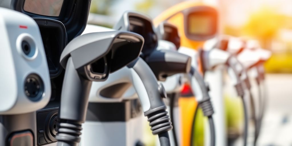 Different types of electric vehicle charging stations in a row.