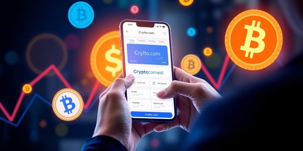Person interacting with Crypto.com app on smartphone outdoors.