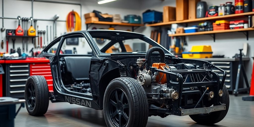 Nissan car parts in a workshop
