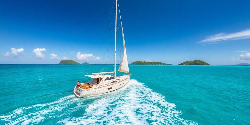 Sailboat gliding on clear blue water.