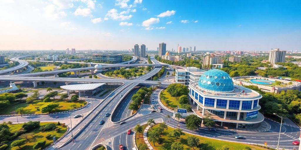 Gandhinagar cityscape with modern buildings and green spaces.