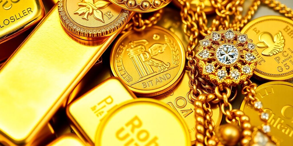 Comparaison de lingots, pièces et bijoux en or.