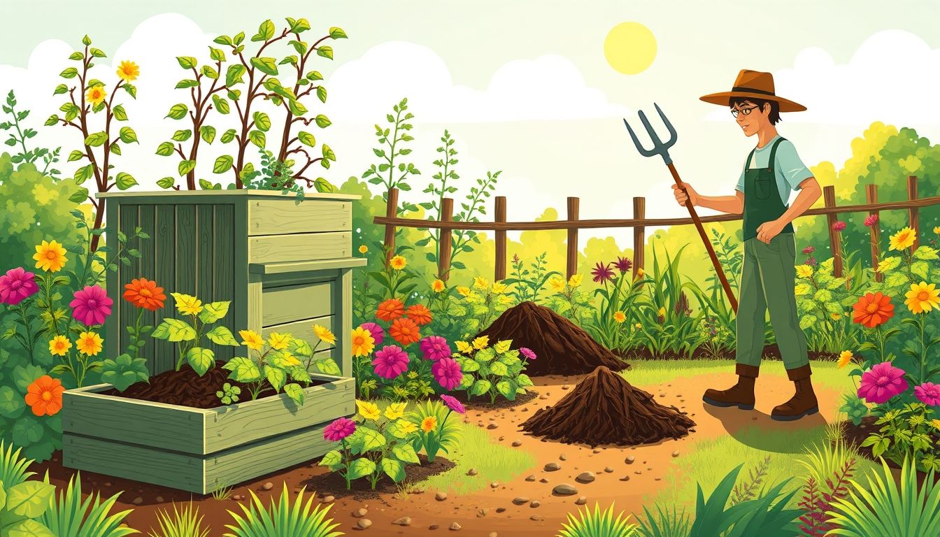 Gardener turning compost in a lush garden