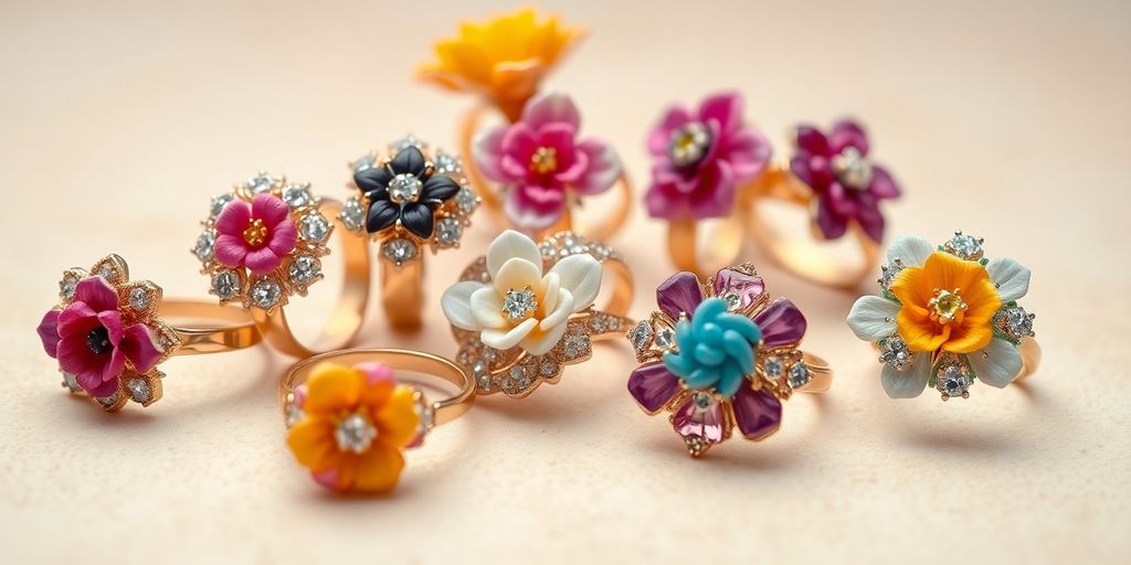 Close-up, diverse floral rings, various backgrounds.