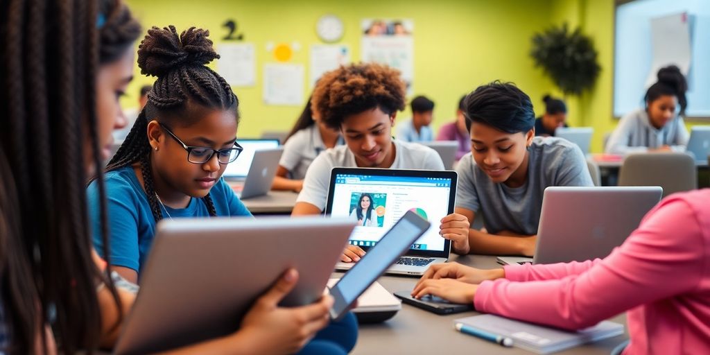 Students collaborating in an online learning environment.