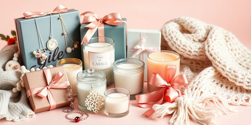 Beautiful gifts for women on a soft pastel background.