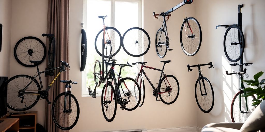 Bikes on various house racks in a modern home.