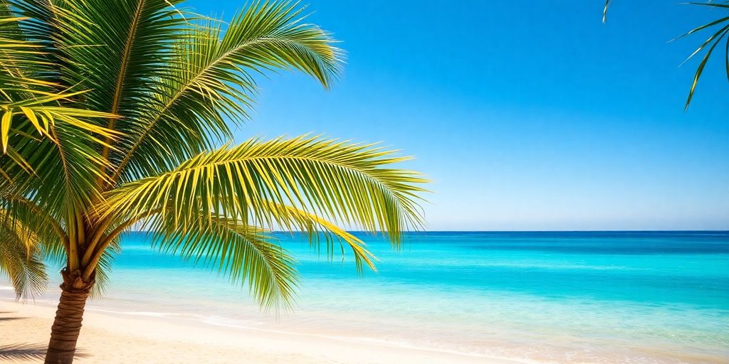 Sunny beach with palm trees and calm ocean water.