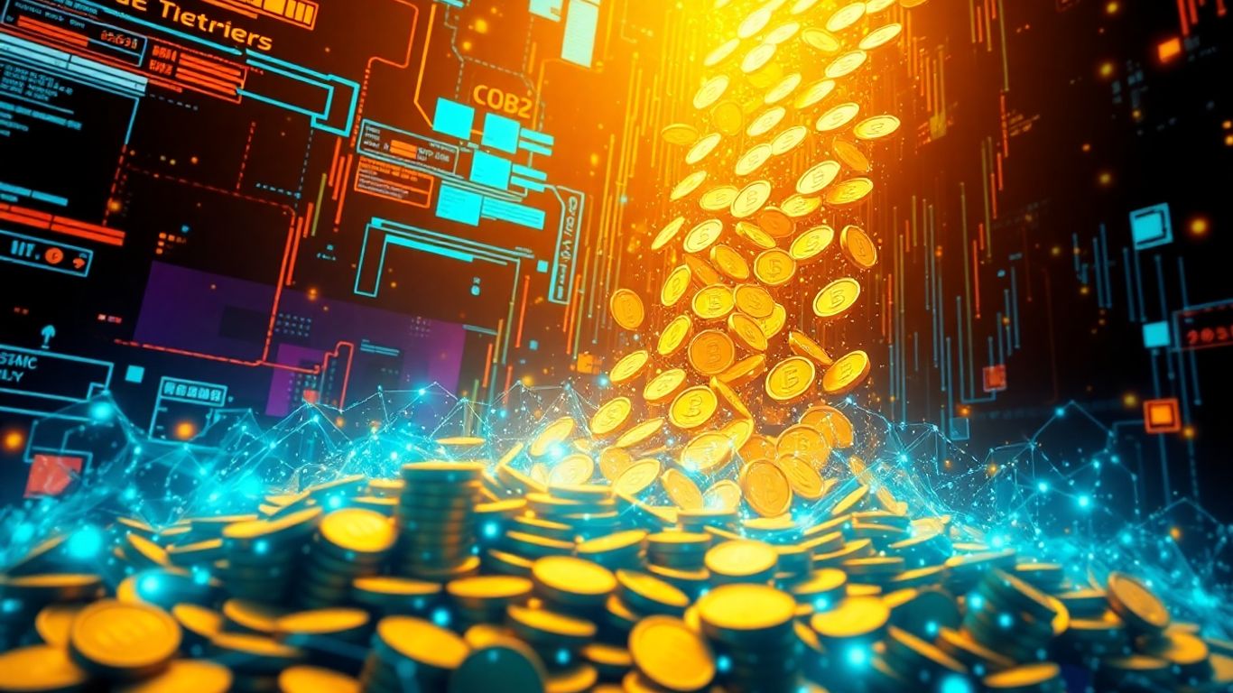 Golden coins ascending amidst digital patterns