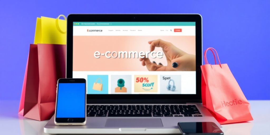 Laptop com loja virtual e sacolas de compras ao redor